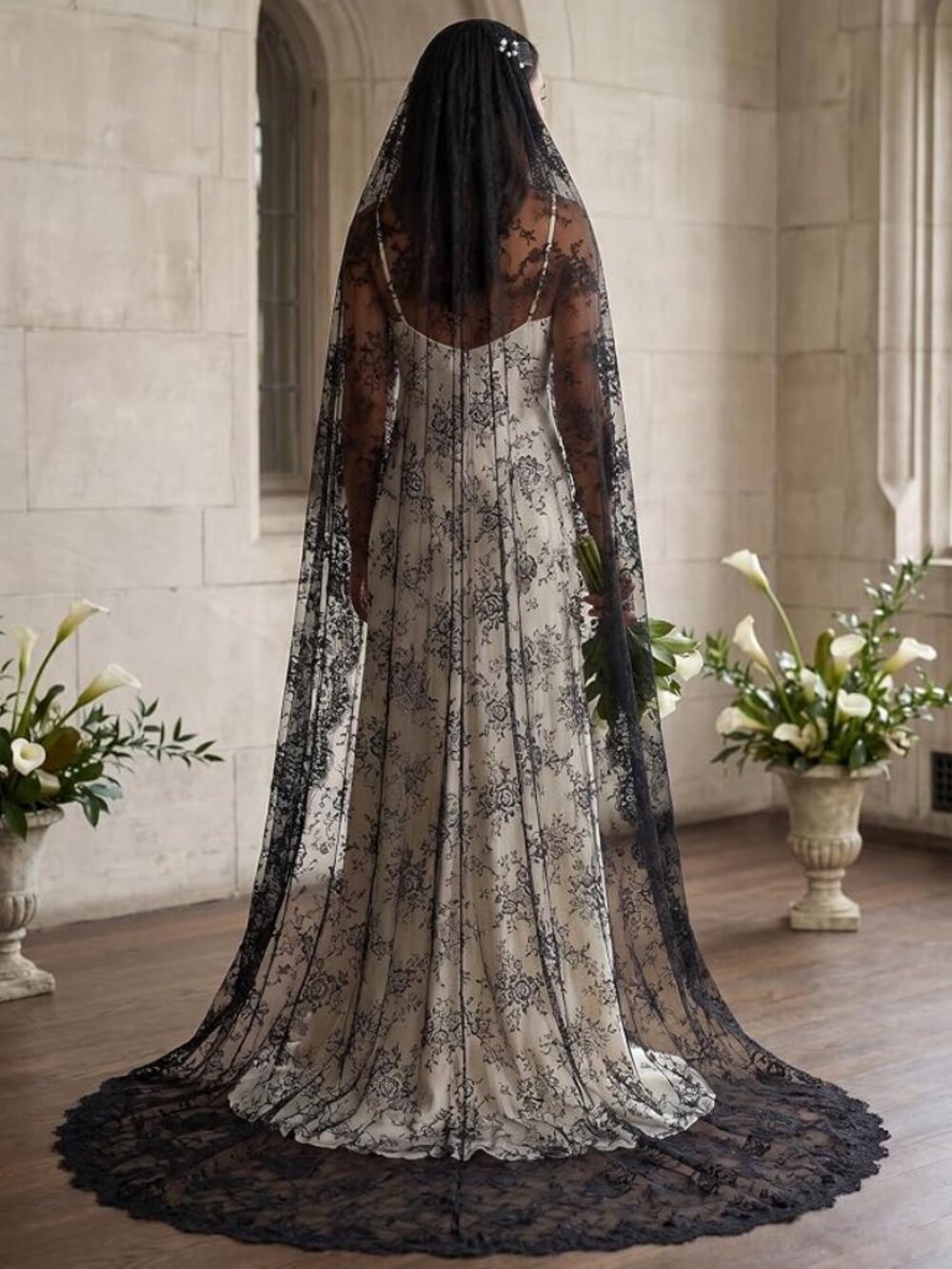 Long Black Lace Floral 98.4inch